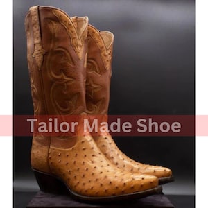 Botas masculinas genuínas feitas à mão em couro com estampa de avestruz e couro de cowboy mexicano ocidental