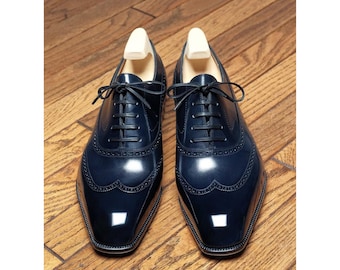 Tailor Made Bespoke Handmade Custom Made Handstitched Genuine Blue Leather Wingtip Oxford Mens Stylish Shoes Fashion Shoes Trending Shoes