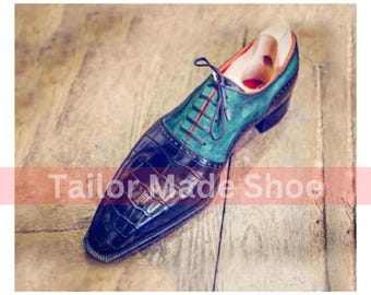Handmade Goodyear Welted Hand Stitched Blue Crocodile Texture Leather and Suede Whole Cut Oxford Lace Up Formal Dress Mens Fashion Shoes