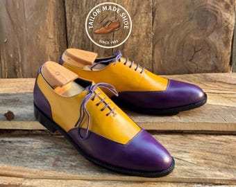 Scarpe Oxford da uomo su misura, fatte a mano, in pelle viola e gialla, con lacci, eleganti, scarpe formali di lusso personalizzate con lavorazione Goodyear, calzature di design uniche.