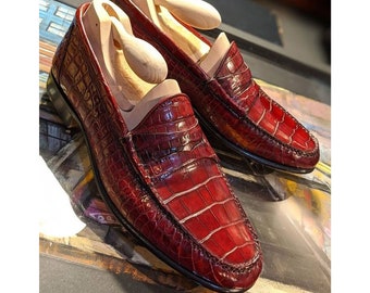 Bespoke Handmade Goodyear Welted Hand Stitched Artisan Red Alligator Texture Leather Loafers Slipon Moccasin Formal Dress Men Fashion Shoes