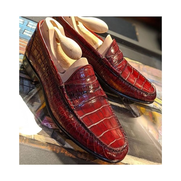 Bespoke Handmade Goodyear Welted Hand Stitched Artisan Red Alligator Texture Leather Loafers Slipon Moccasin Formal Dress Men Fashion Shoes