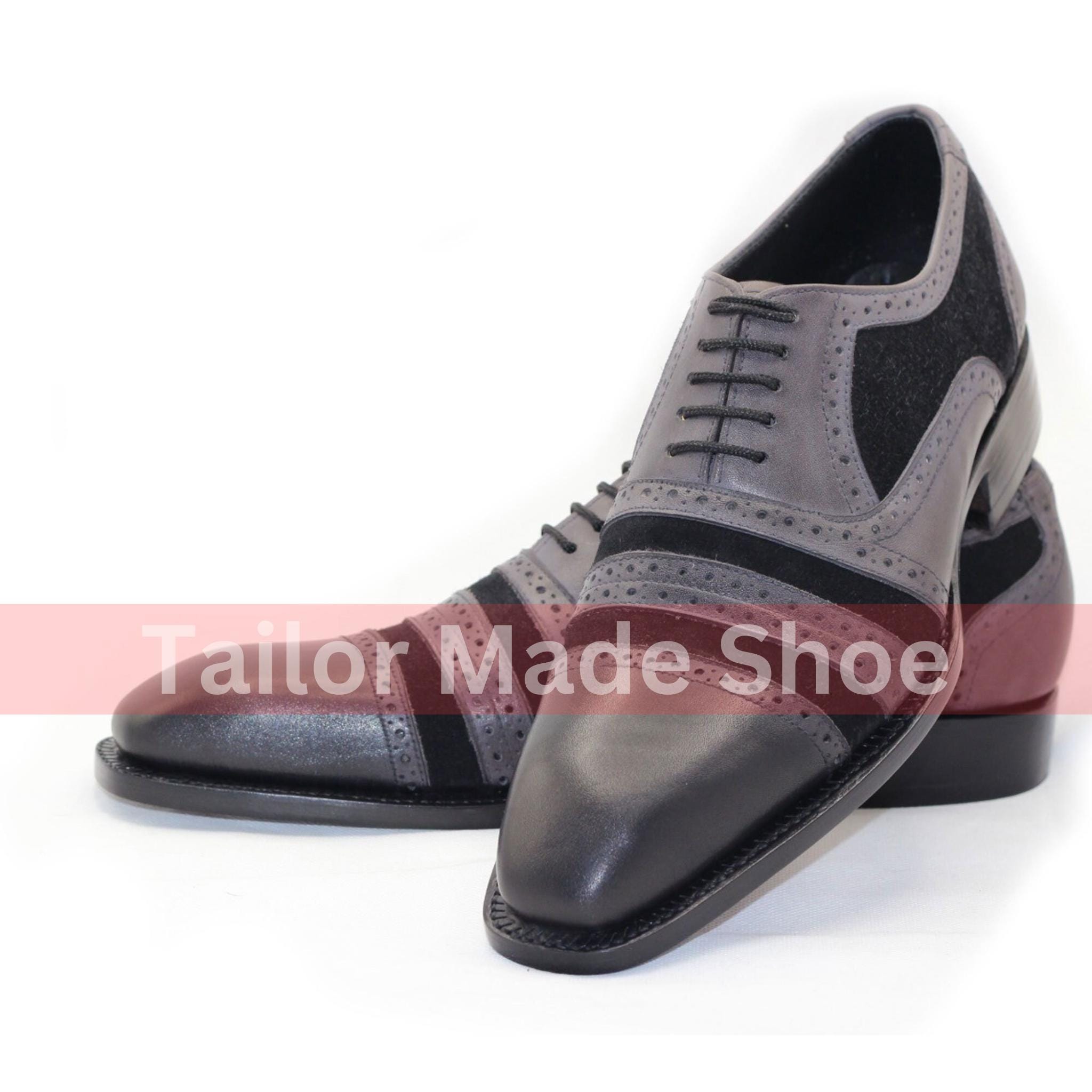 Handmade Goodyear Welted Oxford Shoes, Gray Leather Blue Black Toe Handmade Goodyear Welted Oxford Shoes, Gray Leather Blue Black Toe