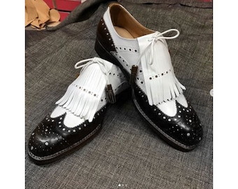 Bespoke Handmade Handcrafted Handstitched Tailor Made Black & White Genuine Leather  Wingtip Brogue Spectator Womens and Mens Oxford Shoes