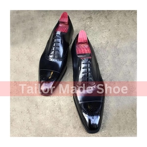 Bespoke Handmade Geniune Black Leather Toe Cap Brogue Laceup Oxford Formal Dress Mens Shoes