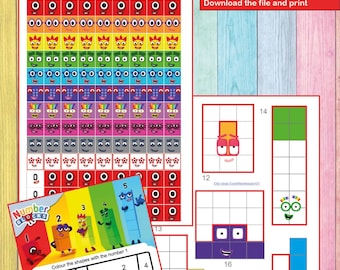 Puede incluir: Un conjunto digital imprimible de pegatinas Numberblocks para cubos matemáticos de 2 cm, con filas de caras de personajes coloridos numeradas del 1 al 20. Incluye hojas para colorear del 1 al 10, actividades de cuadrícula y una página de colorear.