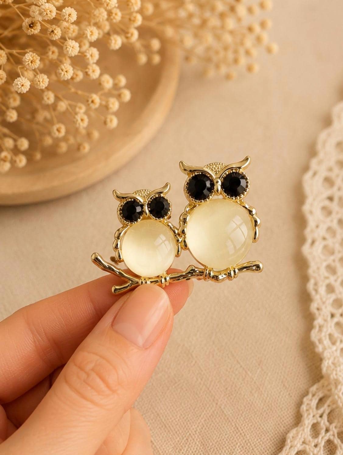 Double Owl Brooch Pin with Cream Cabochons and Black Crystal Eyes, Two Owls on Branch Brooch, Gold-T