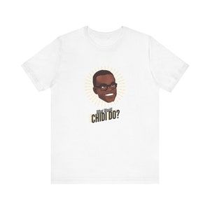 May include: White t-shirt featuring a cartoon illustration of a smiling man wearing glasses, surrounded by a yellow sunburst design. The text "What Would Chidi Do?" is printed below the image in black and yellow.