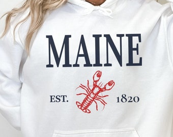 Maine Hoodie Lobster Sweatshirt New England Vacation Souvenir Coastal Pullover Gift