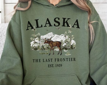 Alaska Elch Kapuzen-Sweatshirt, Unisex Alaska Hoodie Pullover Zustand Shirt Geschenk, The Last Frontier