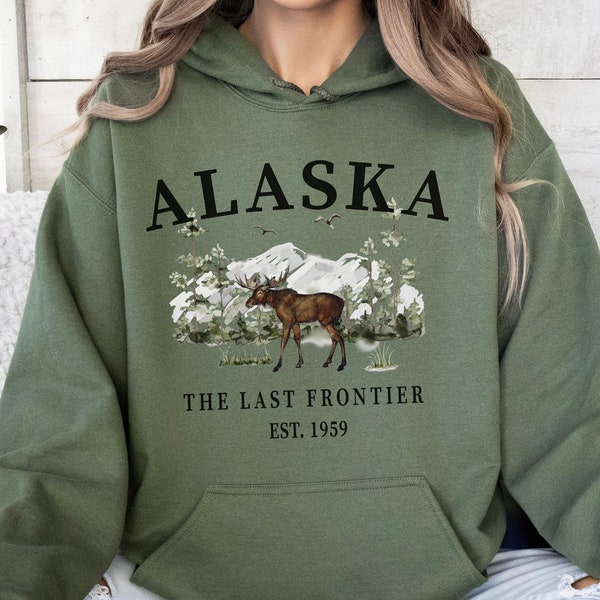 Alaska Moose Hooded Sweatshirt, Unisex Alaska Hoodie Pullover State Shirt Gift, The Last Frontier