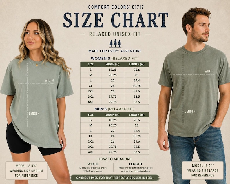 May include: A Comfort Colors C1717 size chart for a relaxed unisex t-shirt. The chart displays width and length measurements in inches for sizes S through 4XL. It includes diagrams of a person wearing a sage green t-shirt with width and length lines.