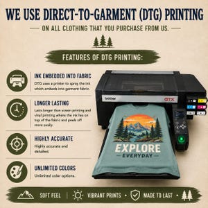 May include: A Brother GTX printer performing direct-to-garment printing on a sage green t-shirt featuring a graphic of mountains, pine trees, and a sunset with the text EXPLORE EVERYDAY. The image includes text explaining the DTG printing process.