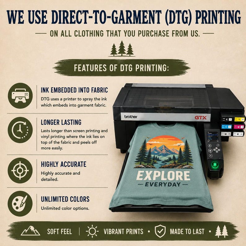 May include: A Brother GTX printer performing direct-to-garment printing on a sage green t-shirt featuring a graphic of mountains, pine trees, and a sunset with the text EXPLORE EVERYDAY. The image includes text explaining the DTG printing process.