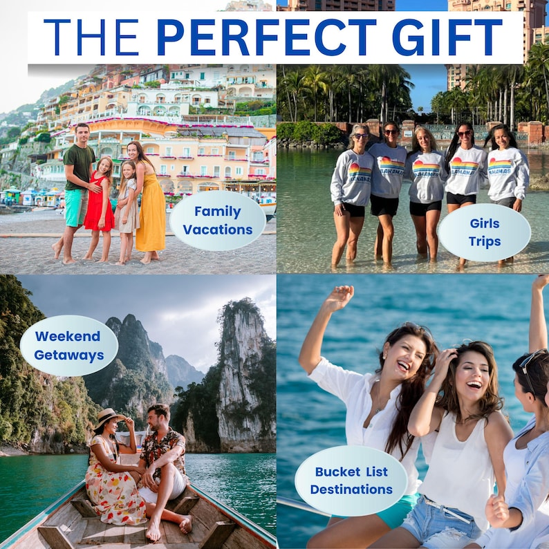 May include: A four-panel collage titled THE PERFECT GIFT featuring travel scenes. Top left: a family on a beach. Top right: four people in matching sweatshirts in water. Bottom left: a couple in a boat. Bottom right: three people on a boat.