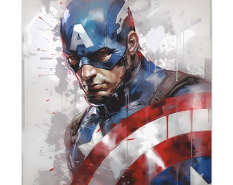 May include: A watercolor painting of Captain America, a superhero wearing a blue, red, and white costume with a star on his chest. He is holding his shield in front of him, and the background is a white splatter pattern.