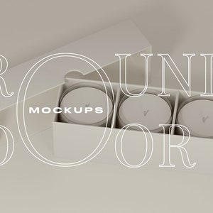 May include: White box with three round candles inside. The box is open and the candles are visible. The text "ROUND DOOR MOCKUPS" is printed on the box.