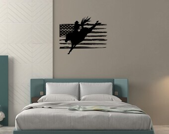 American Flag with a Rodeo Cowboy, Cowboy Metal Wall Art, Wild West Cowboy Metal Wall Art, American Flag Wall Art, American Flag Rodeo Art