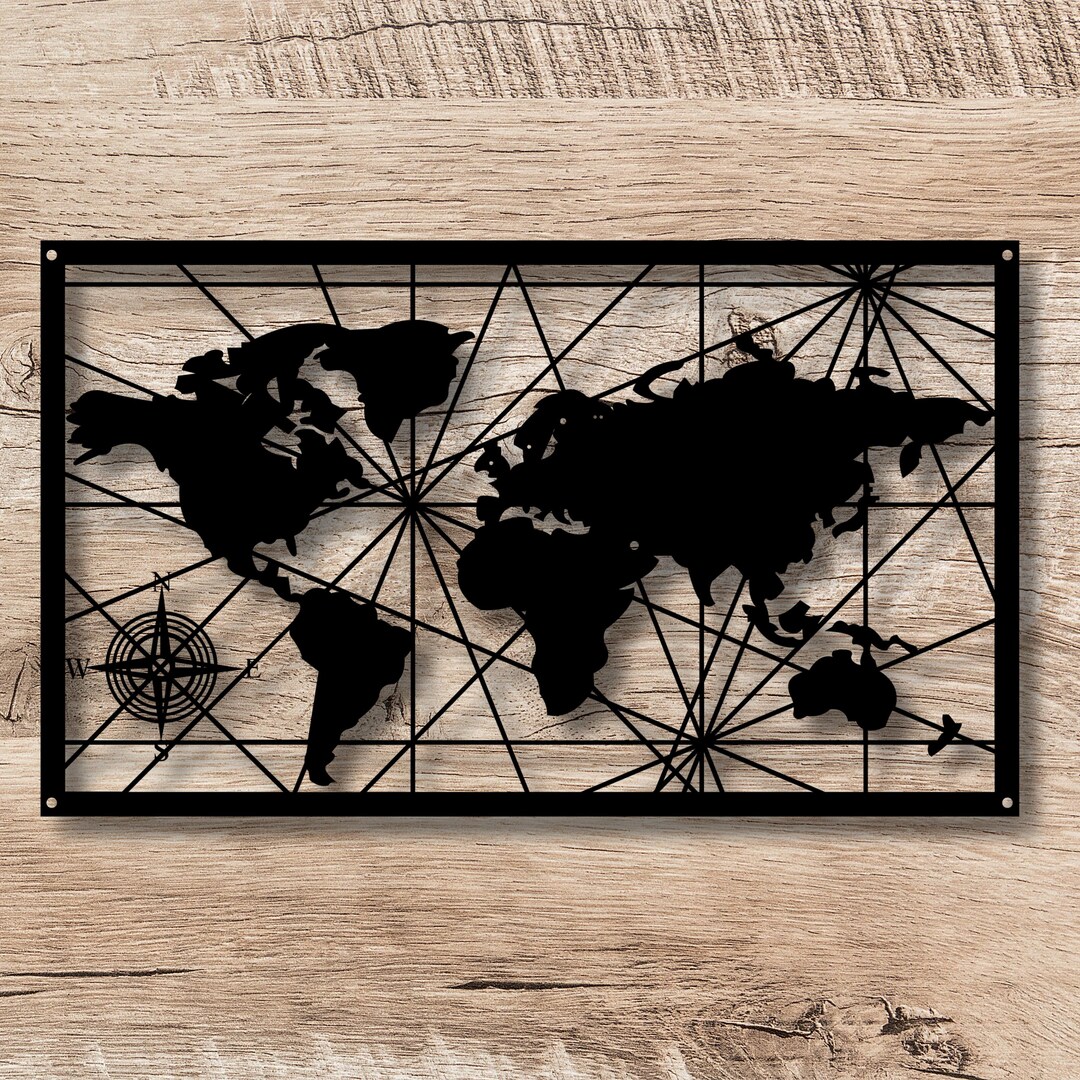 Metal World Map Wall Art, World Map With Compass Decor, Interior Decor ...