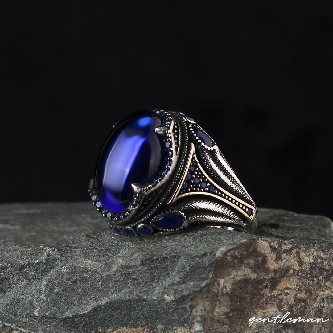 Blue Tiger Eye Men Ring, Large Gemstone Ring, Blue Stone Ring, Tiger's ...