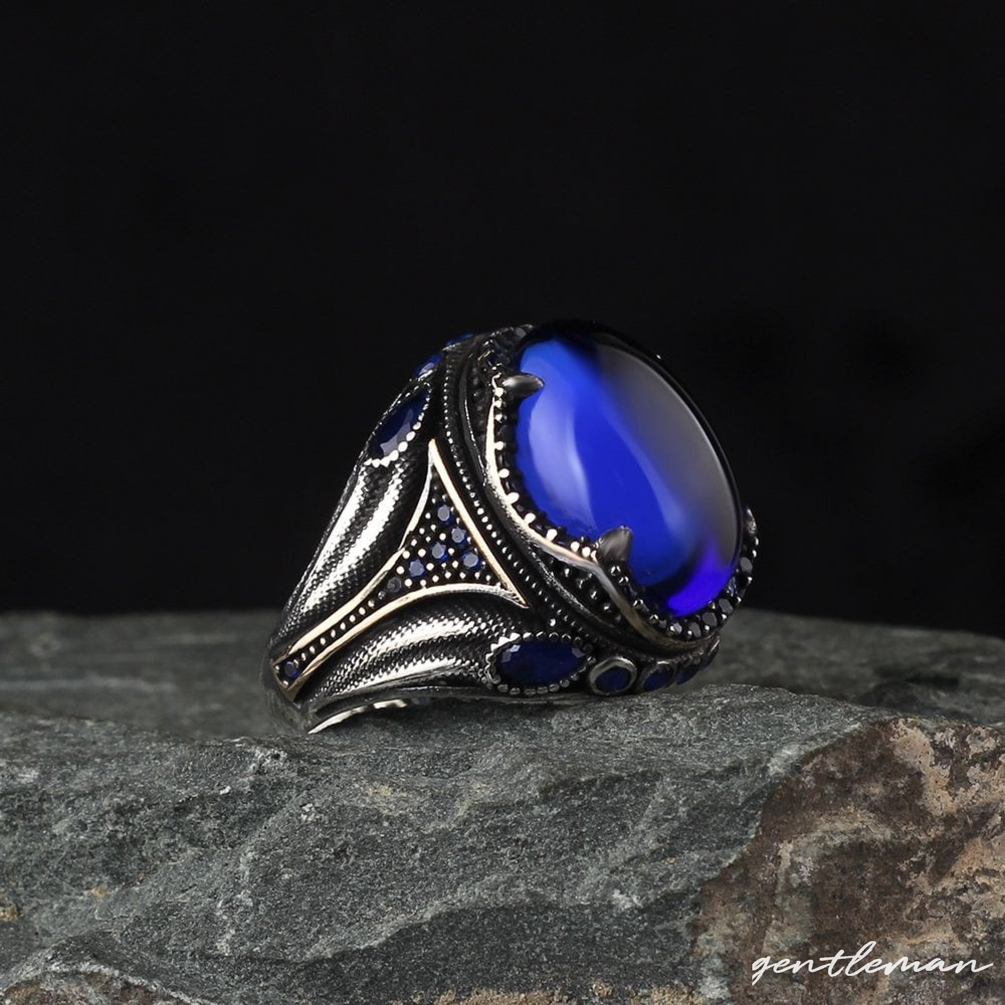 Blue Tiger Eye Men Ring, Large Gemstone Ring, Blue Stone Ring, Tiger's ...