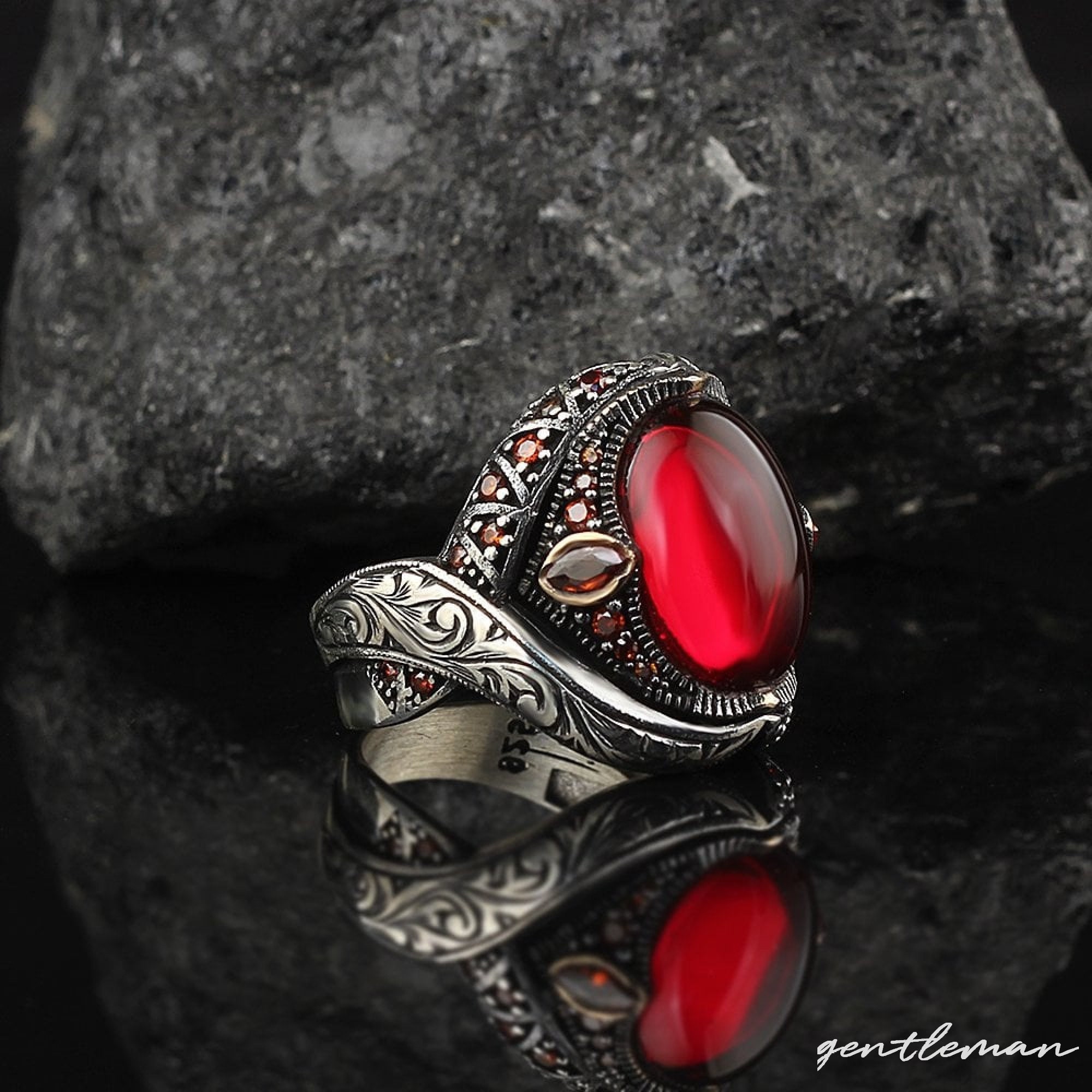 Red Stone Vintage Men Ring, Edwardian Ring for Men, Zirconia Ring, Men ...