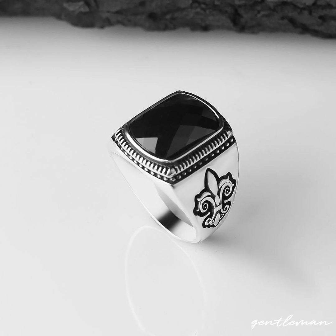 Engraved Design on Sides Men Ring Black Stone Ring Men Etsy