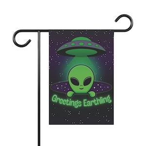 Alien Inspired Halloween Welcome Garden Flag - Greetings Earthling