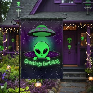 Bandera de jardín de Halloween de extraterrestres: Letrero de bienvenida de saludos terrícolas