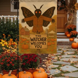 Bandera de jardín con espantapájaros de Mothman: Decoración rústica de otoño con calabazas (30 x 45 cm)