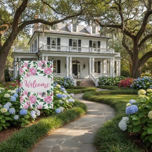 Welcome Garden Flag | Pink Floral Outdoor Yard Decor | Elegant Spring & Summer Porch Decoration