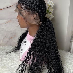 Natural Hairline Braided wig with curls| Full Lace Cap| Deep Wave Hair| Summer Braids-Quality  Blend Wig