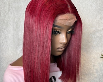 Peluca frontal de encaje HD liso color hueso rojo vino: cabello humano virgen sin pegamento, 14 pulgadas