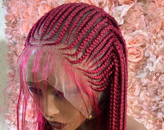 Vibrant Wine Cornrows Wig, Trendy Braided Hairstyle, Alopecia Wigs, Box Braided Wigs