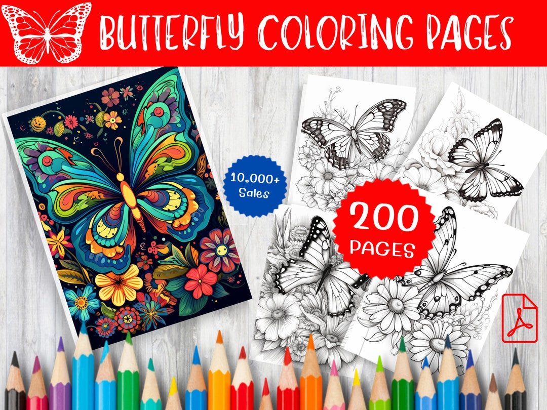 200 Butterfly Coloring Pages for Relaxation and Creativity - Instant