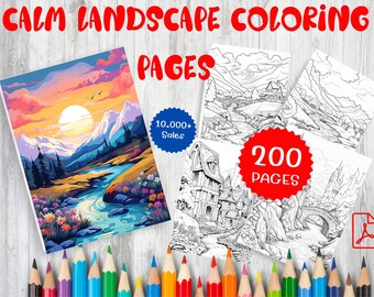 Puede incluir: Una colección de páginas para colorear paisajes. La portada presenta una vibrante puesta de sol sobre montañas y un río. El conjunto incluye 200 páginas de ilustraciones detalladas en blanco y negro, con el texto "Calm Landscape Coloring Pages". Lápices de colores en la parte inferior.