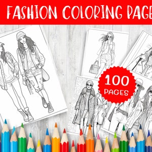 以下が含まれることがあります： 女性がさまざまな服装を着ているファッションイラストが描かれた100ページの塗り絵セット。ページは白黒で、色を塗る準備ができています。画像には、色鉛筆とPDFアイコンも表示されています。
