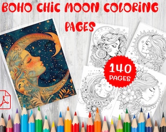 140 pages à colorier Boho Moon - Dessins célestes mystiques (PDF)