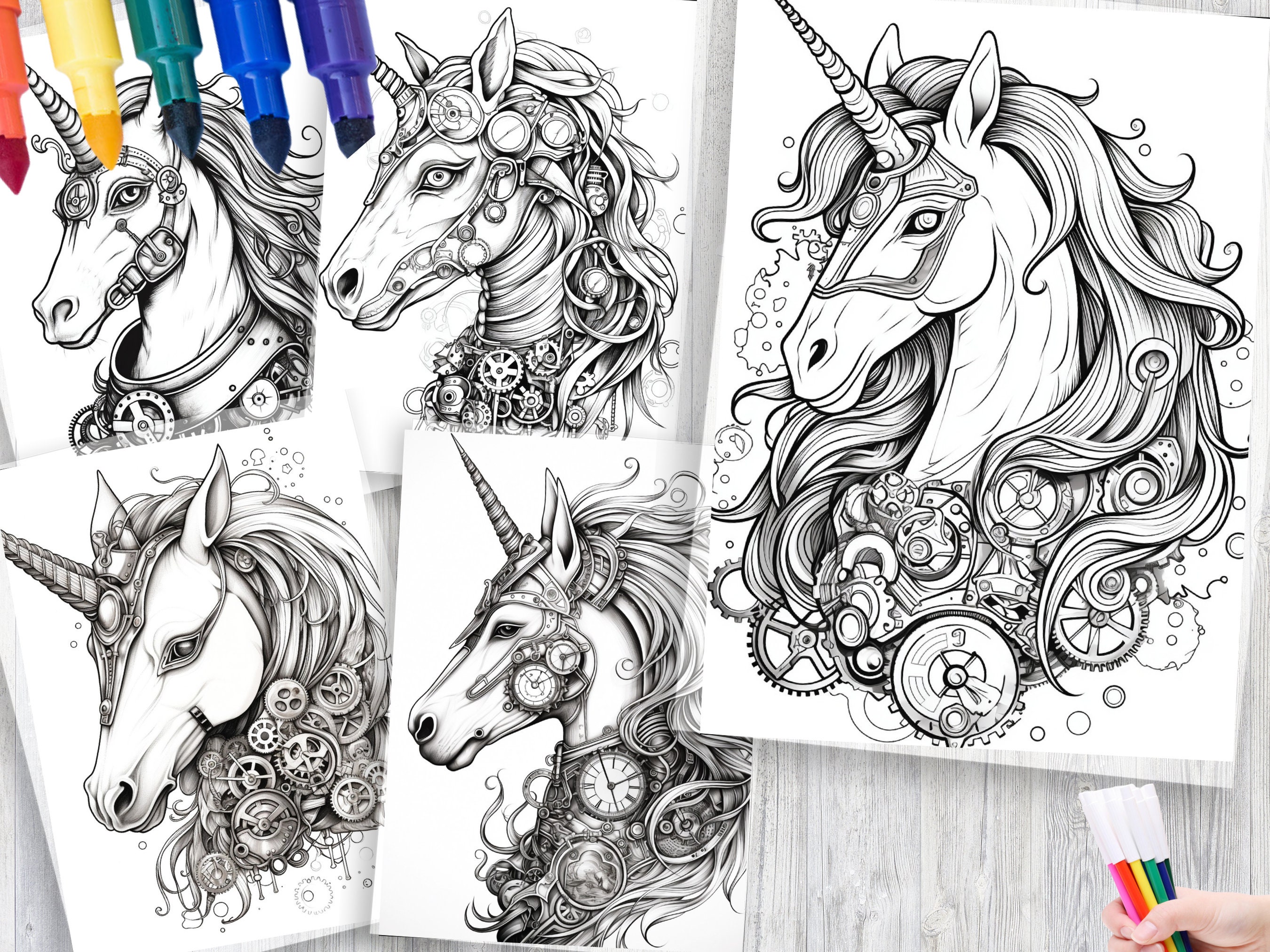 90 Steampunk Unicorn Coloring Pages – Fantasy Art Designs (PDF Pattern ...