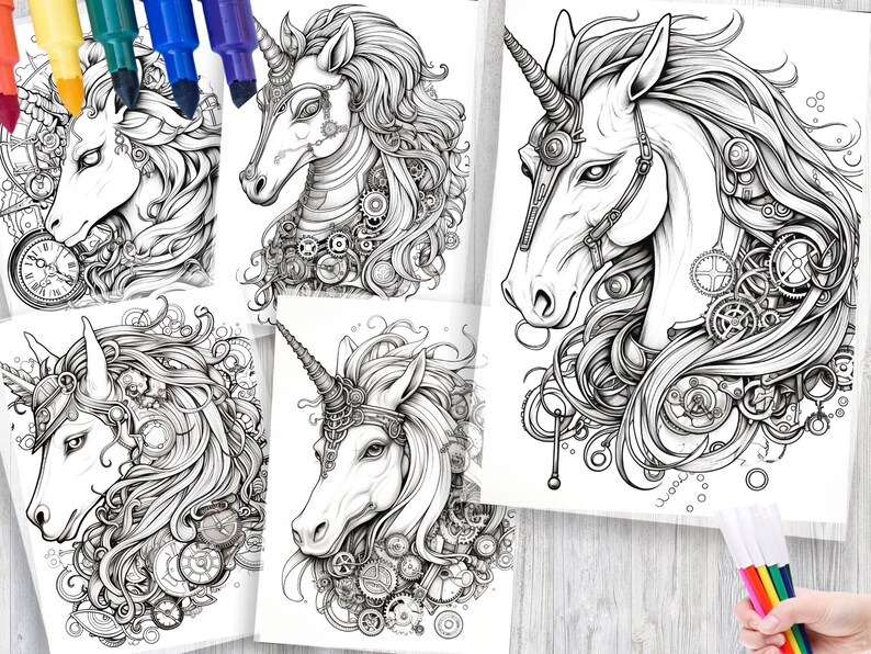 90 Steampunk Unicorn Coloring Pages – Fantasy Art Designs (PDF Pattern ...