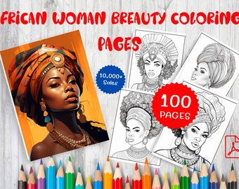 May include: A coloring book featuring 100 pages of illustrations of African women with intricate head wraps and jewelry. The cover features a woman with a colorful head wrap and a warm, inviting expression. The book is titled "African Woman Beauty Coloring Pages".