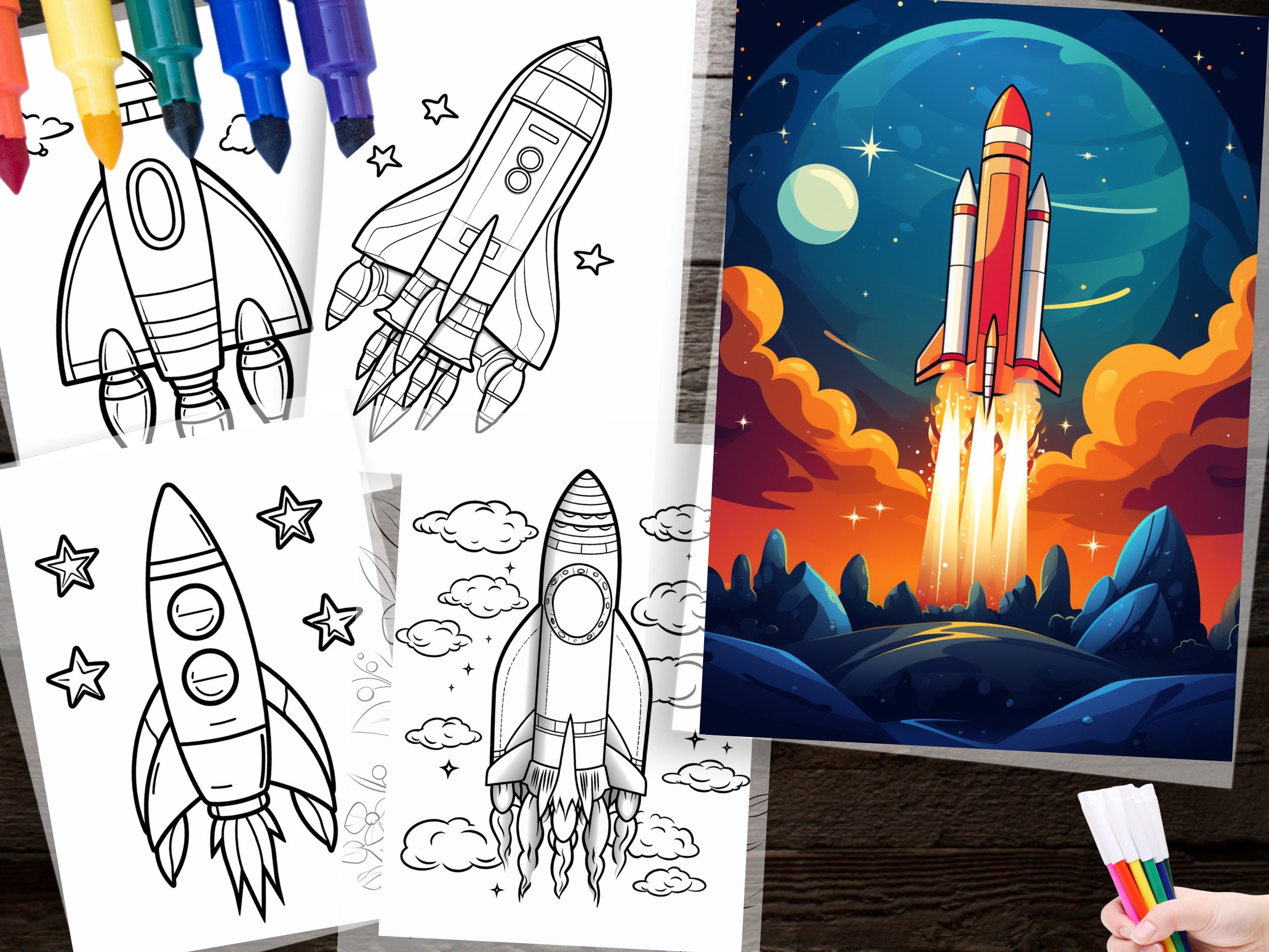 180 Rocket Coloring Page Space Adventure Illustration Digital Download