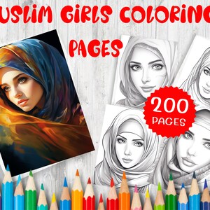 Op de afbeelding: Een digitale download van 200 kleurplaten met moslimmeisjes. De omslagfoto toont een meisje met een kleurrijke hoofddoek. De tekst "Muslim Girls Coloring Pages" staat in rode letters bovenaan de afbeelding. De tekst "200 Pages" staat in een rode cirkel onderaan de afbeelding.