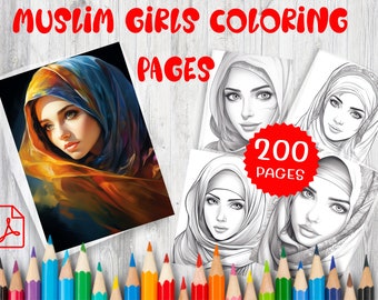 200 pagine da colorare di ragazze musulmane – Disegni di arte islamica (modello PDF)