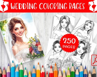 Puede incluir: Un conjunto de 250 páginas para colorear con novias con flores. Las páginas son en blanco y negro y están listas para colorear. La imagen muestra una página de muestra con una novia sosteniendo un ramo de flores.