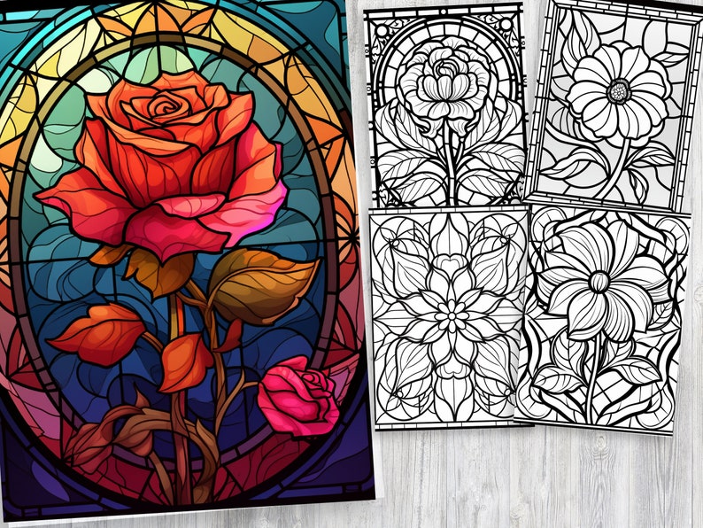 220 Stained Glass Flower Coloring Book for Kids, PDF Download, Instant