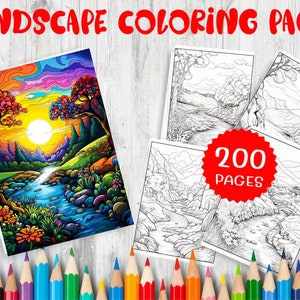 Colección de 200 páginas para colorear de paisajes para adultos y niños, disfrute de colorear descargable, libro de exploración, naturaleza para colorear para adultos