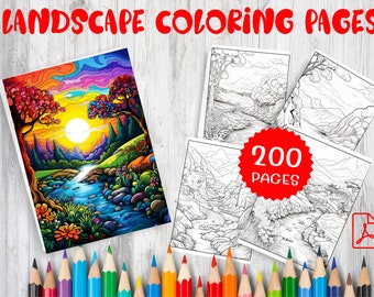 200 Landscape Coloring Pages Collection for Adults and Childrens, Downloadable Coloring Enjoyment, Exploration Book, Adult Coloring Nature