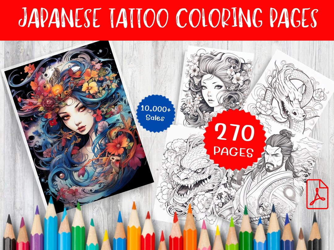 270 Japanese Tattoo Coloring Pages for Mindful Art Therapy and ...