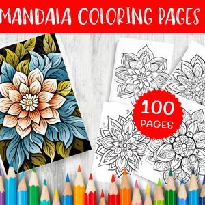 May include: A set of 100 printable mandala colouring pages. The pages feature intricate designs with floral motifs. The image shows a sample page with a colourful mandala design.